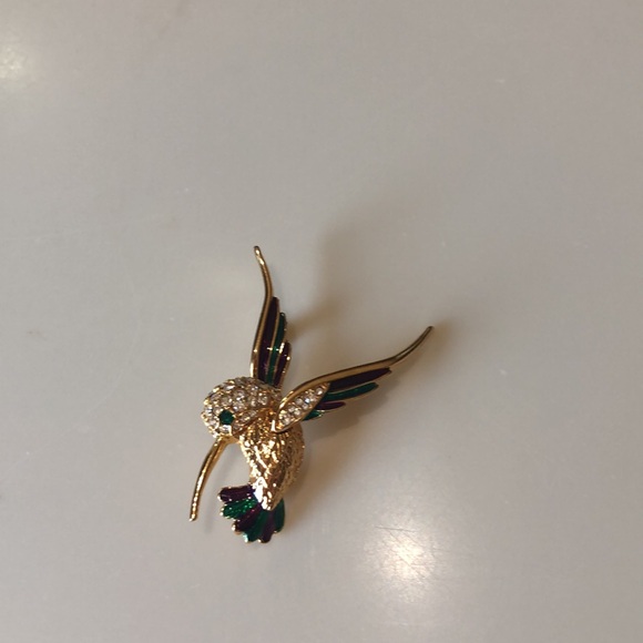 Hummingbird Brooch - Vintage 80s Enamel Rhinestone Pin - Picture 2 of 4